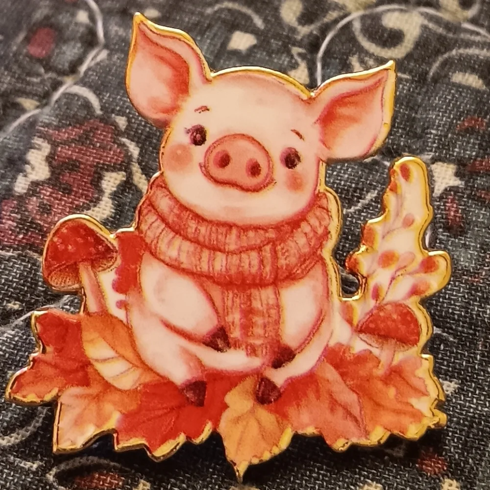 Cozy Little Fall Piglet Pin, Autumn Woodland Cottagecore Farm Country Pig Brooch - Picture 1 of 5